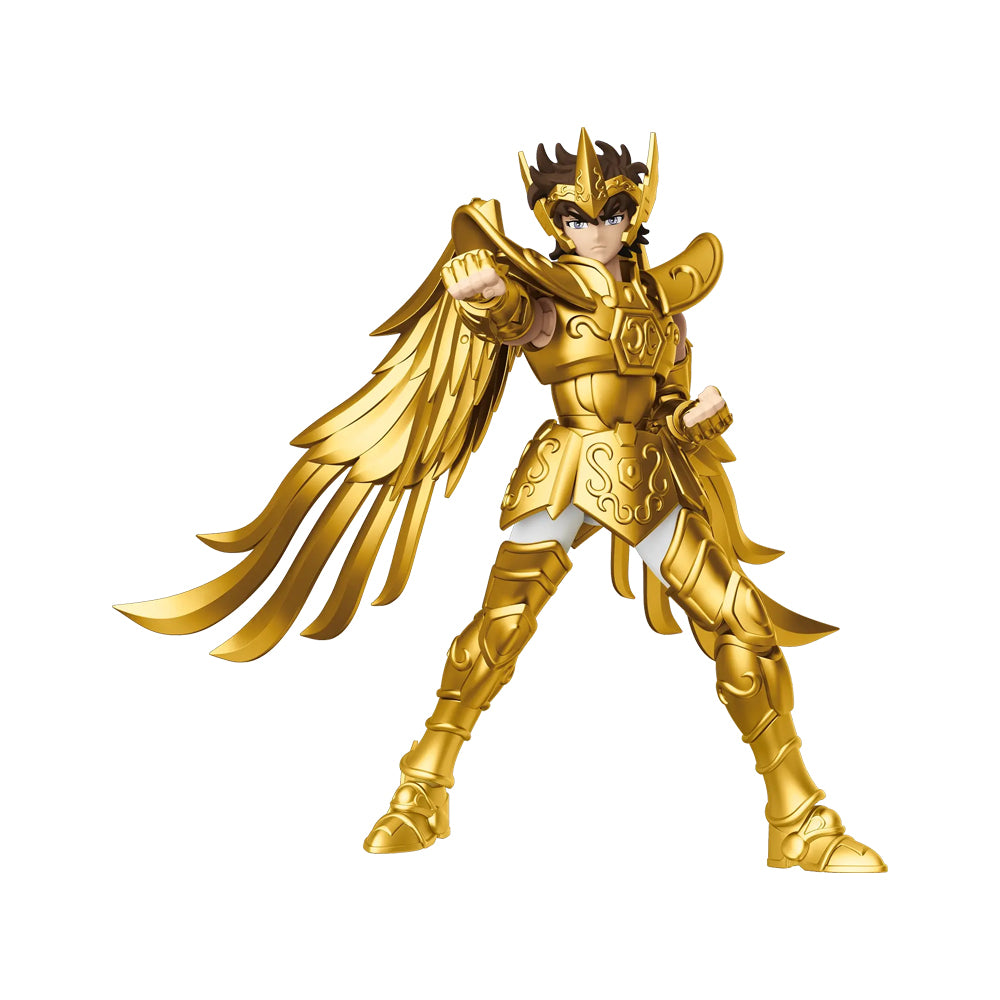 Figuras Blokees de caballero dorado con armadura y grandes alas en pose dinámica de combate Figuras Blokees de caballero dorado con armadura y grandes alas en pose dinámica de combate
